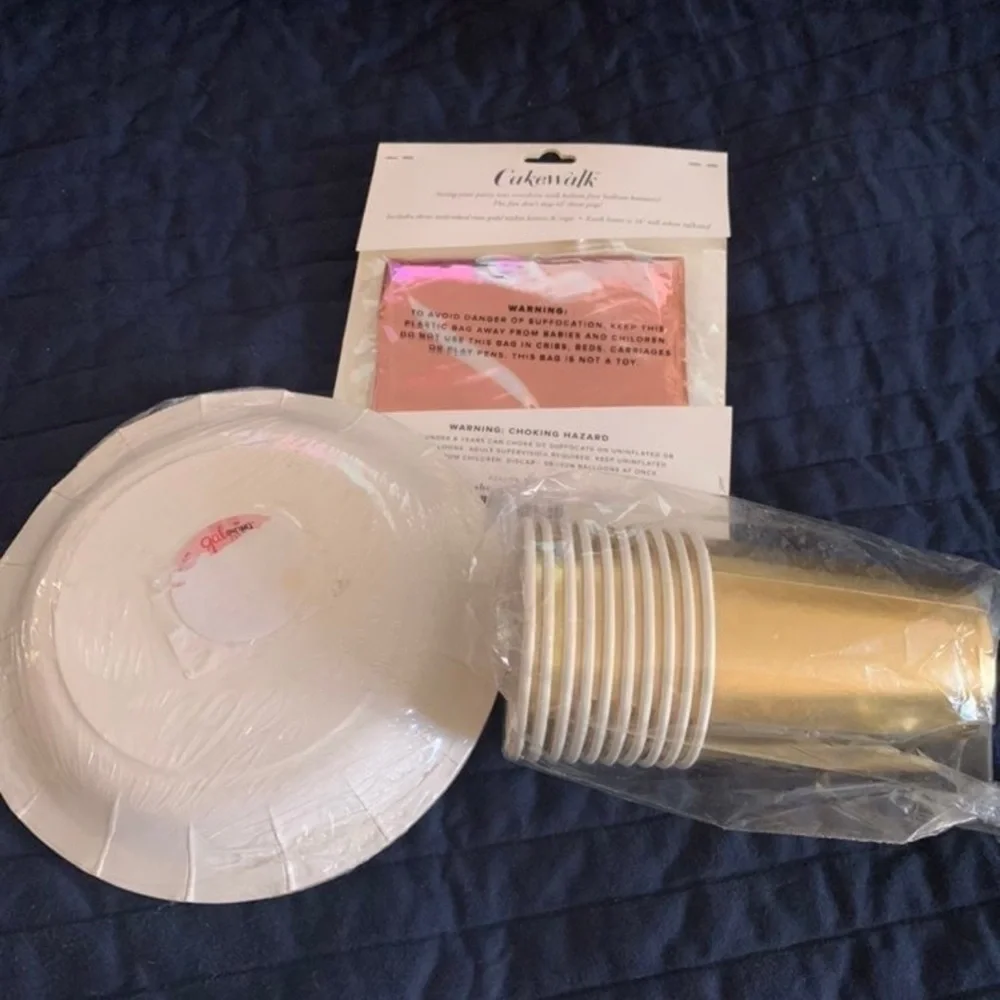 Galentine's Day Party Set with Pink Plates and Gold Cups